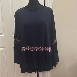 Crown & Ivy Blue Relaxed Tunic with Pink Embellishments